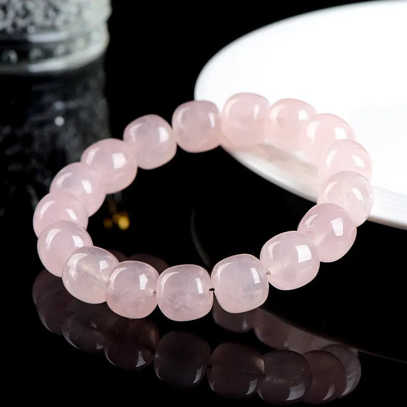 Pink crystal and natural bamboo bracelet with geometric barrel beads