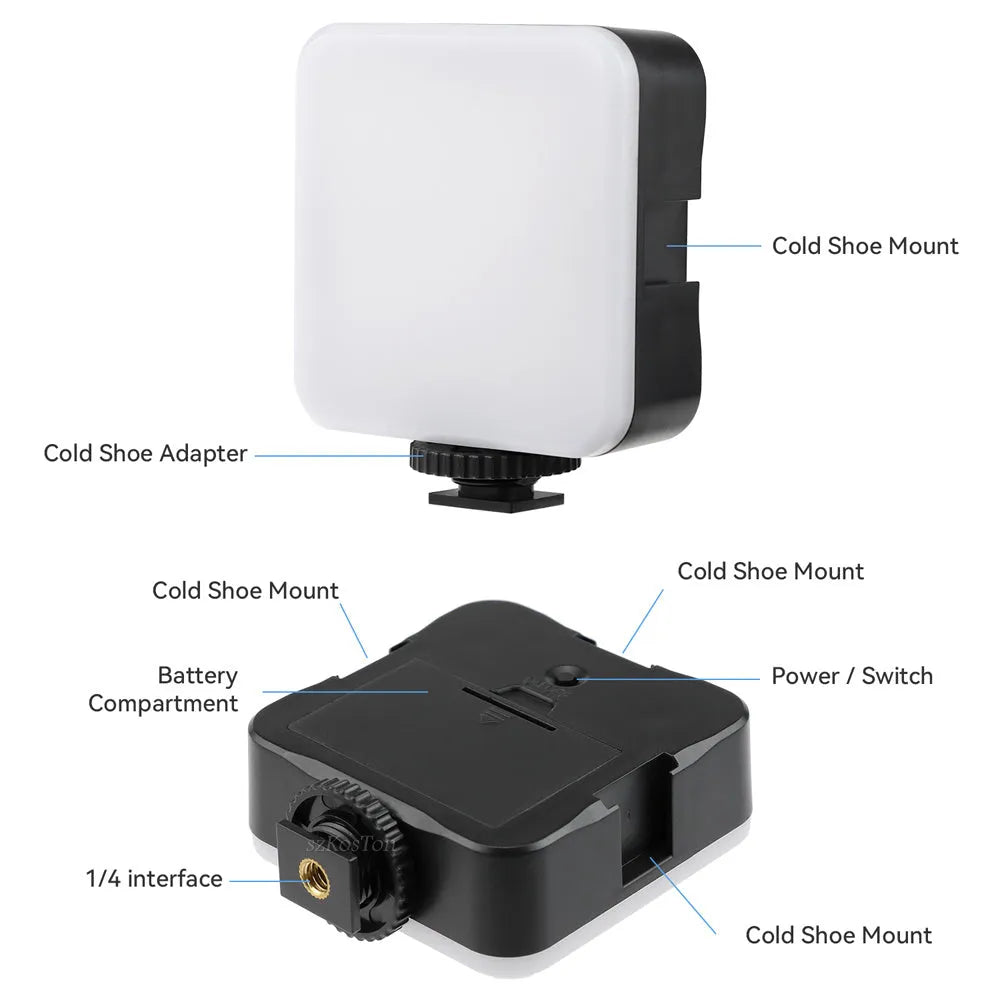 Square-shaped mini LED camera flash with hot shoe mount on a small tripod stand.