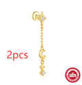 S925 sterling silver moon and star geometric earrings in a gold colour finish, unisex piercing jewellery.