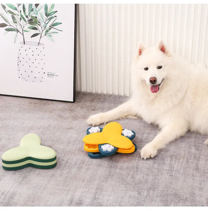 Green dog puzzle toy slow feeder with 9 compartments and bone covers on a non-slip base for interactive training