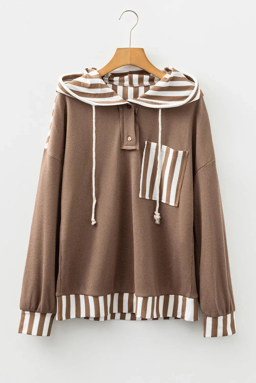 Straw yellow waffle texture striped hoodie with patchwork panels and button neck closure