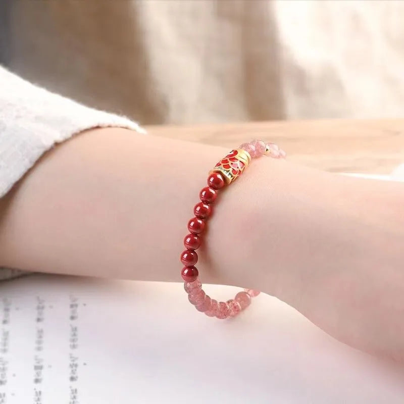 Purple cinnabar and strawberry quartz beads bracelet with dripping oil finish