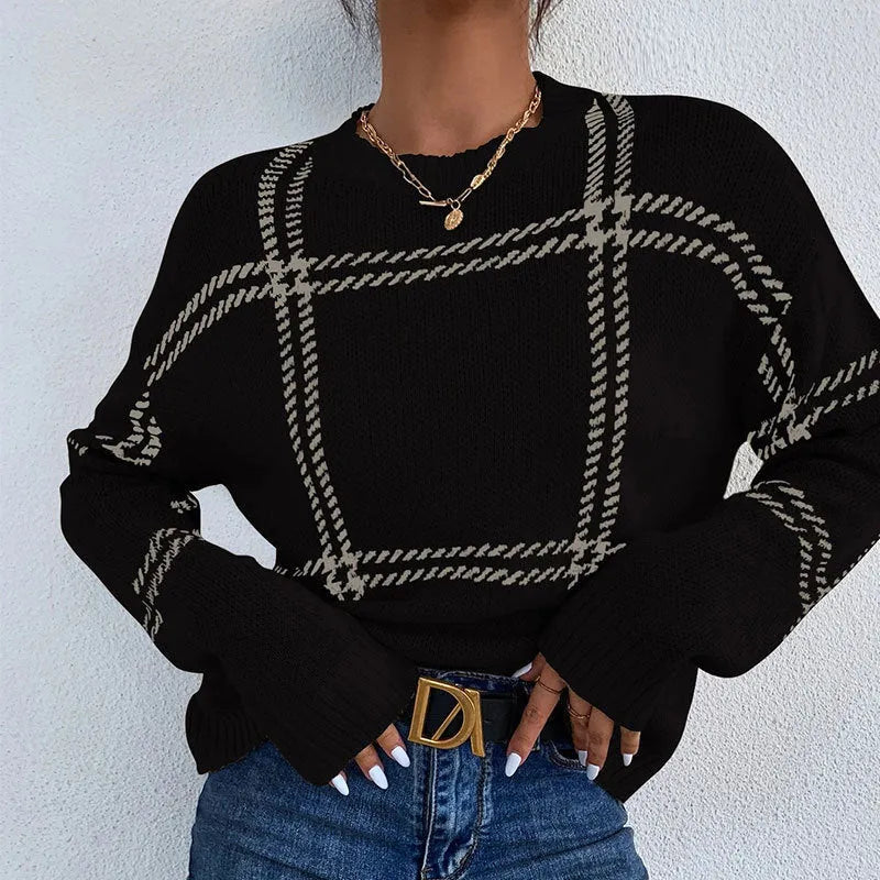 Women's loose fit plaid colour-block acrylic sweater with crew neck and regular sleeves