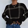 Women's loose fit plaid colour-block acrylic sweater with crew neck and regular sleeves