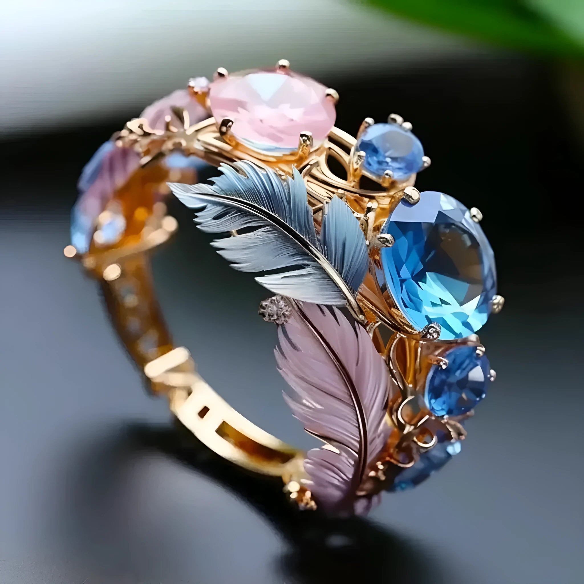 Gold-colour geometric brass ring with embossed feather design and inlaid zircon stone.