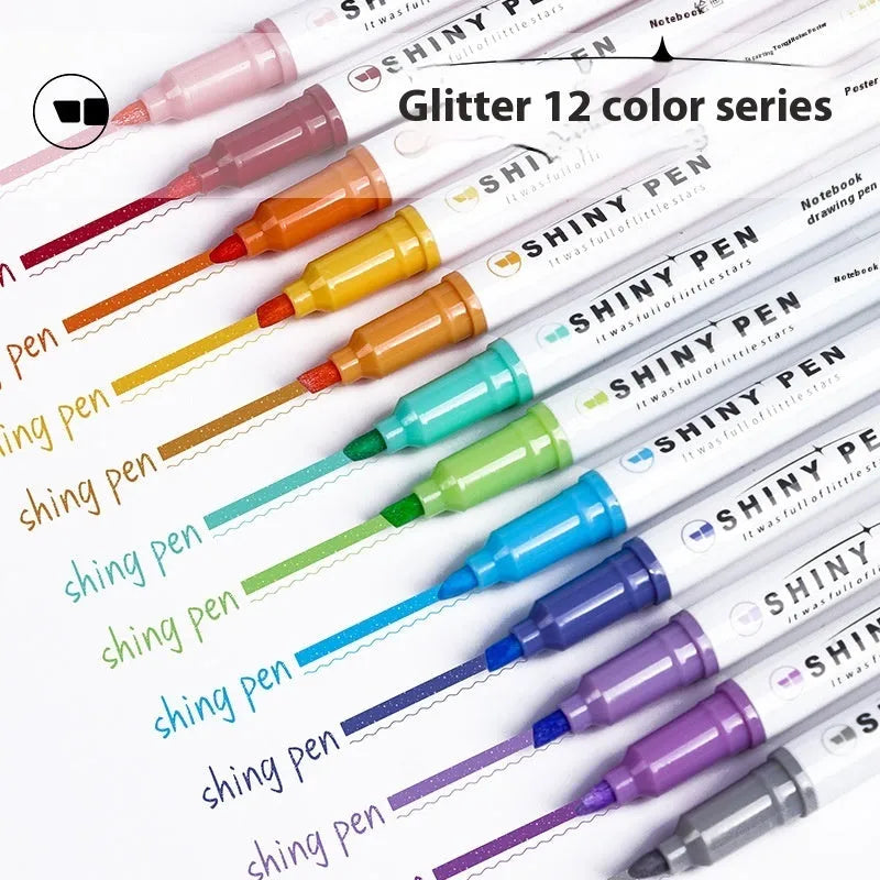 Set of four glitter highlighter pens with star river design and slanted tips in assorted fluorescent colours