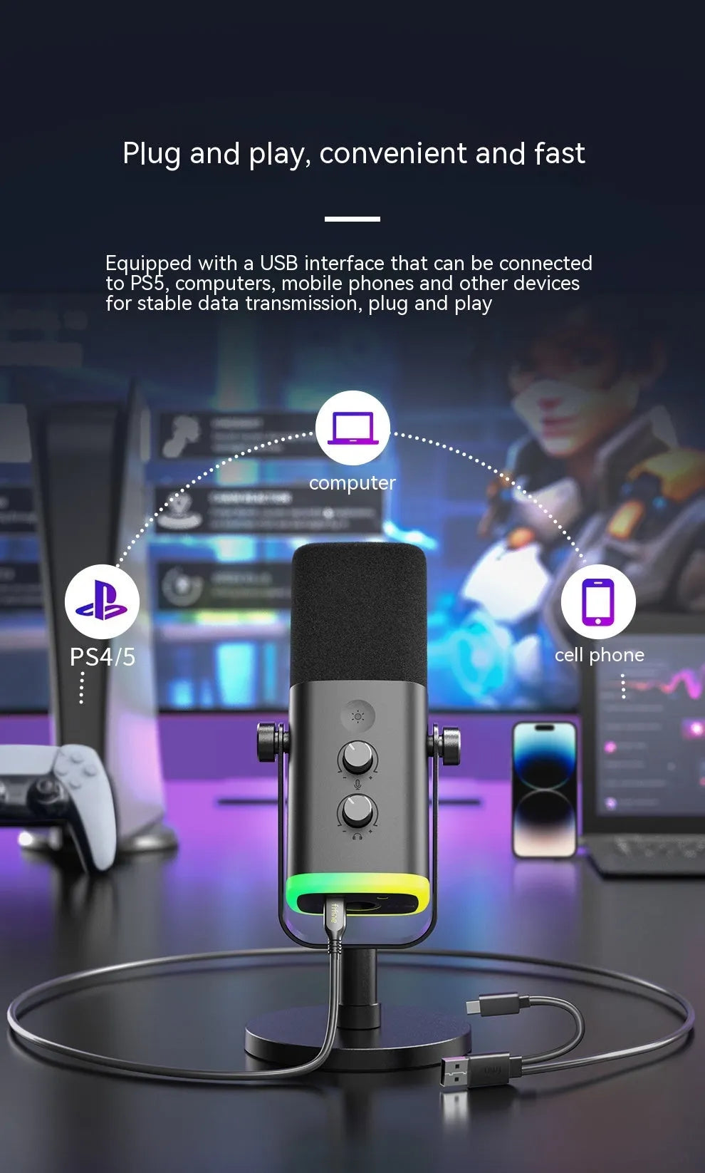 Dynamic noise reduction microphone in black with XLR cable and desktop base.