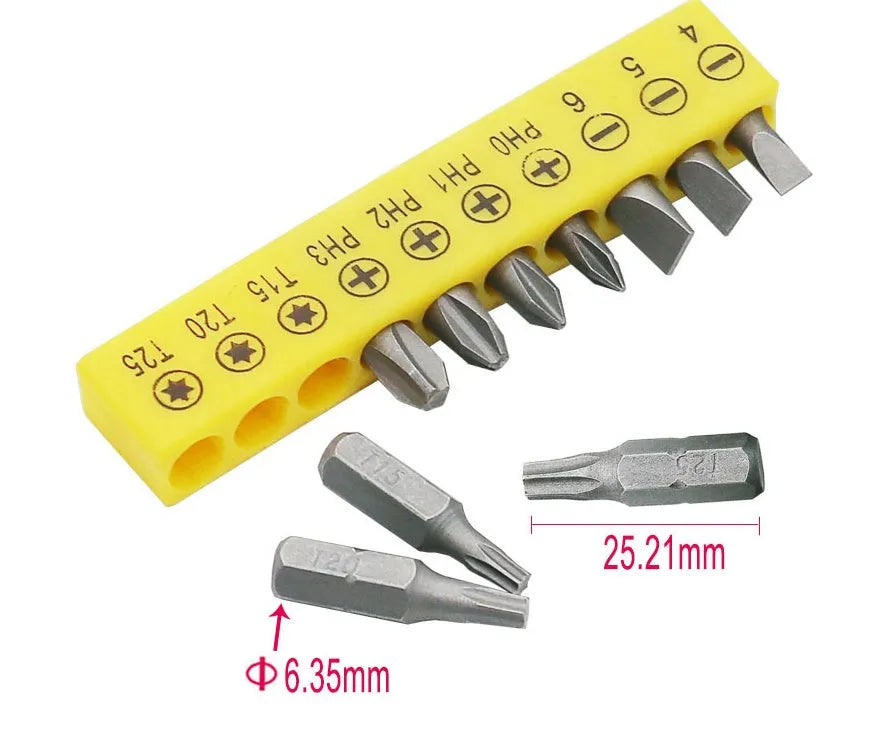 L-shaped double-headed socket wrench handle with set of ten steel drill bits and ten matching socket wrenches.