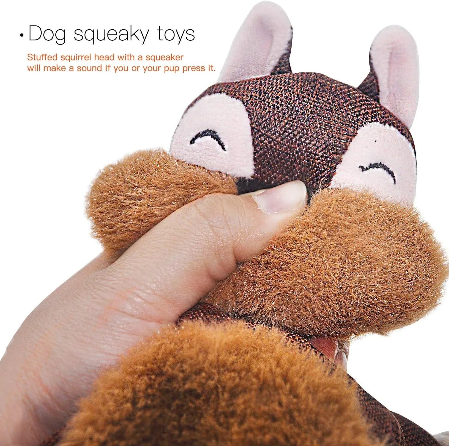 Brown fox-shaped dog toy with embroidered eyes, cotton rope limbs, and squeaker crinkle features