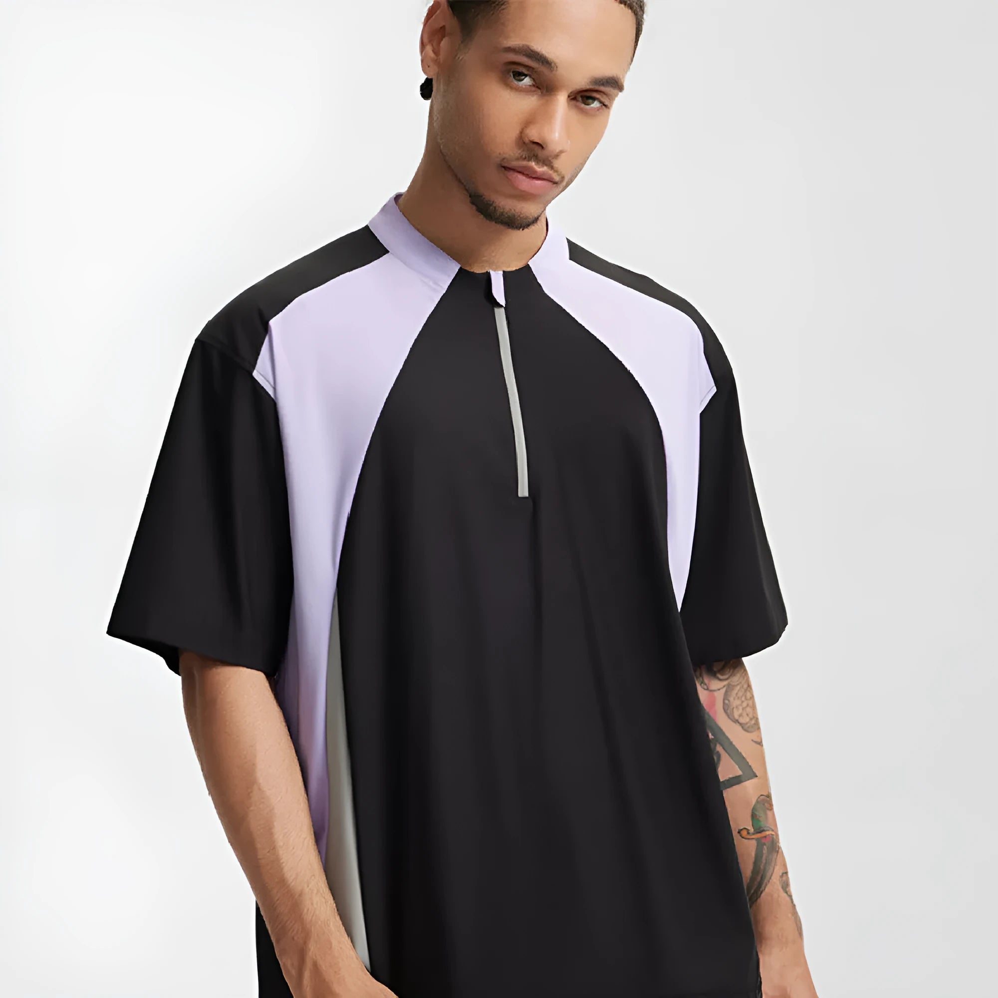 Men's lightweight stitching casual top in black and beige, available in long sleeve and short sleeve styles.