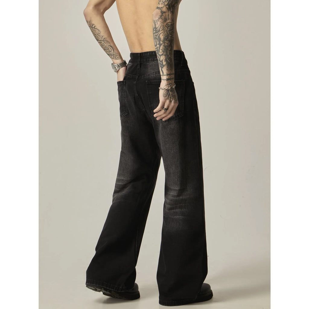 Black straight-leg jeans with American retro styling and zipper fly