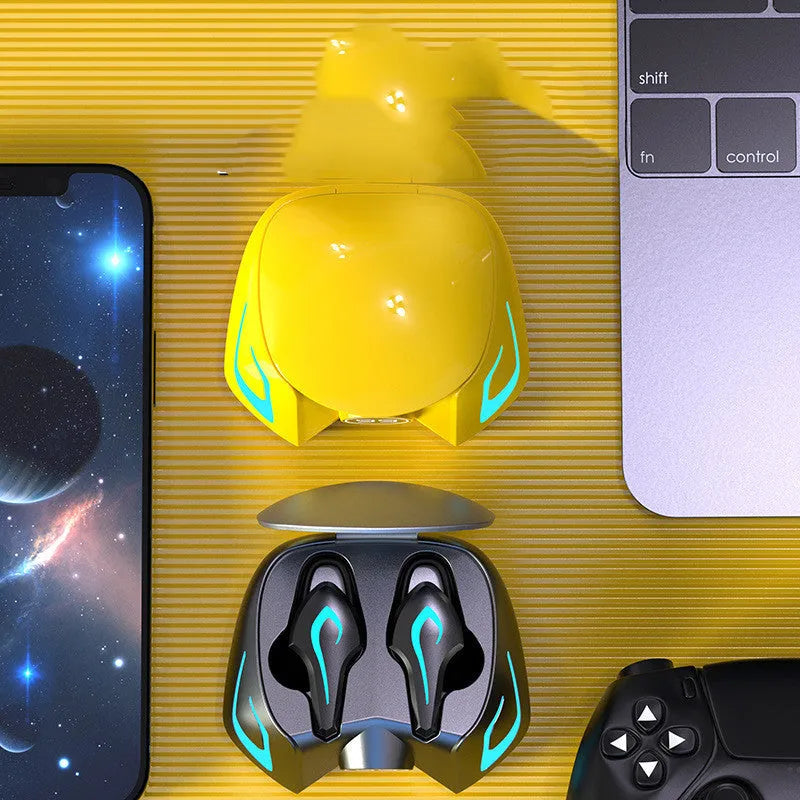 Bluetooth gaming headset with colourful ear cups in black, grey, or yellow colour options showing wireless design