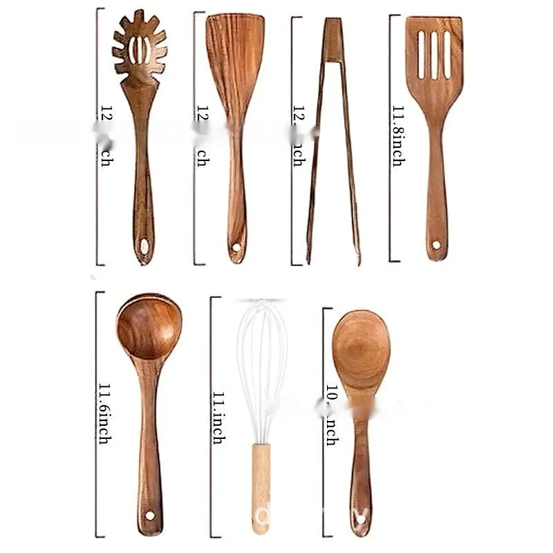 Wooden kitchen utensil set with 7 pieces including spoons, spatula, and soup spoons in boxed packaging