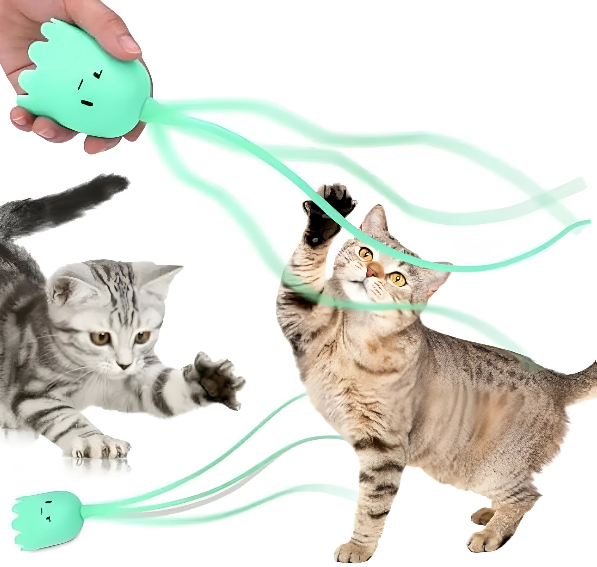 Green electronic cat toy with silicone swinging tail on 38cm wand for indoor cat entertainment