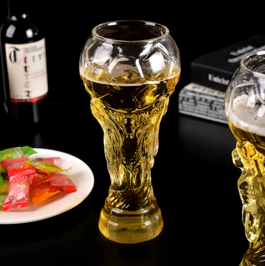 Transparent Hercules-themed glass beer cup with 450ml capacity, 6cm diameter, and 19cm height on a table