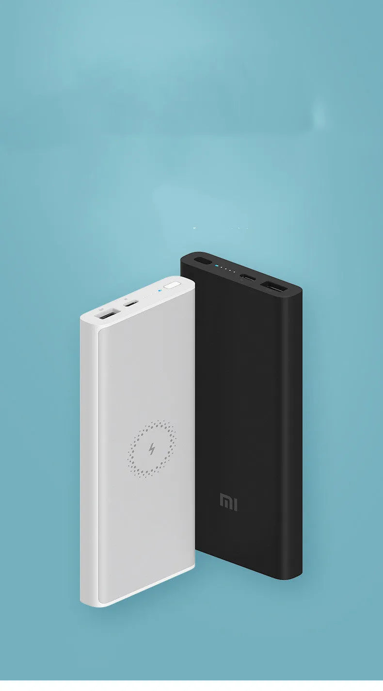 White and black 10000mAh power bank showing USB-C port and wireless charging surface