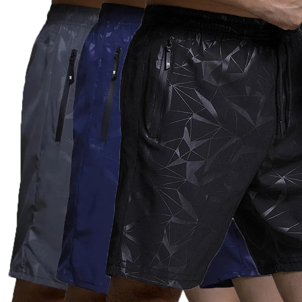Men's loose fit printed sports shorts with elastic waistband in black, grey, or blue colours