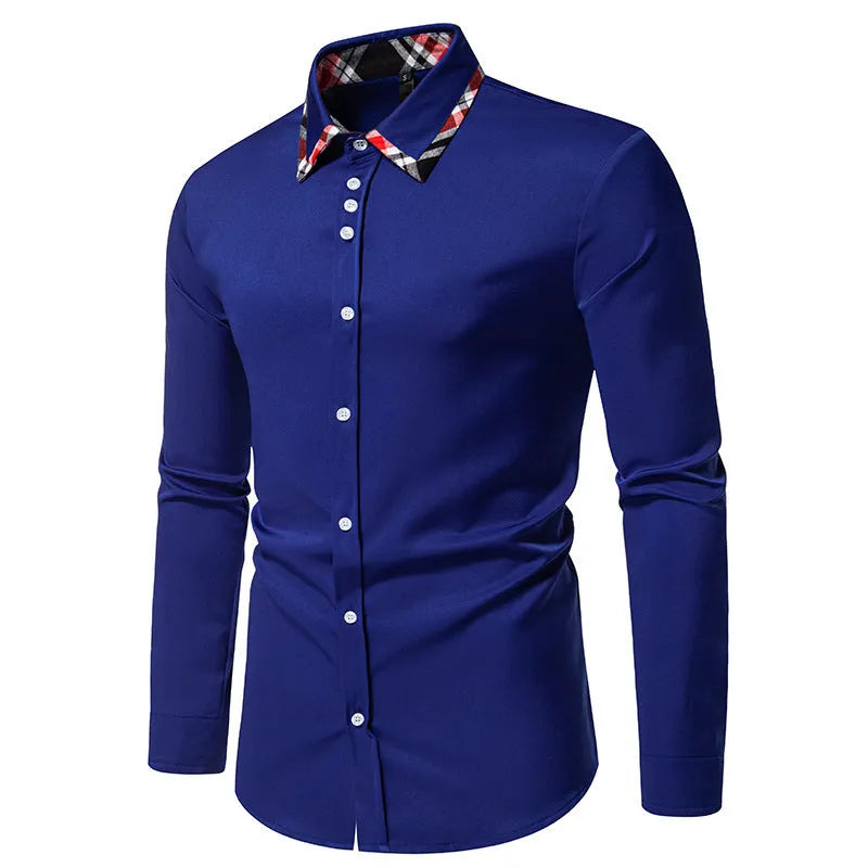 Men's blue plaid long sleeve shirt with a white contrast triangle collar, cardigan style
