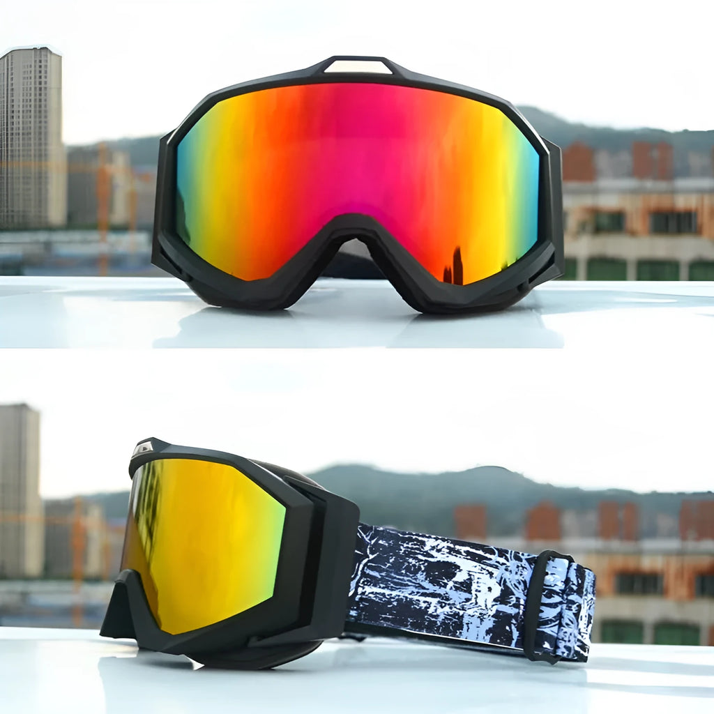 Motorcycle goggles with double layer anti-fog lenses in a black frame with grey film, shown with a storage cloth bag.