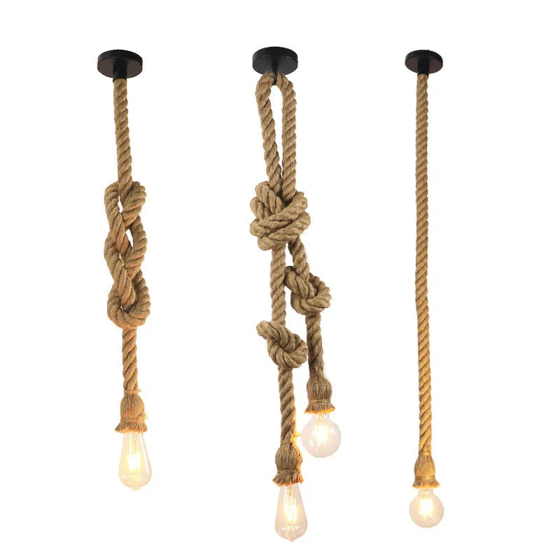 Hemp rope chandelier with grass vine body, single head, retro industrial style for bar restaurant loft