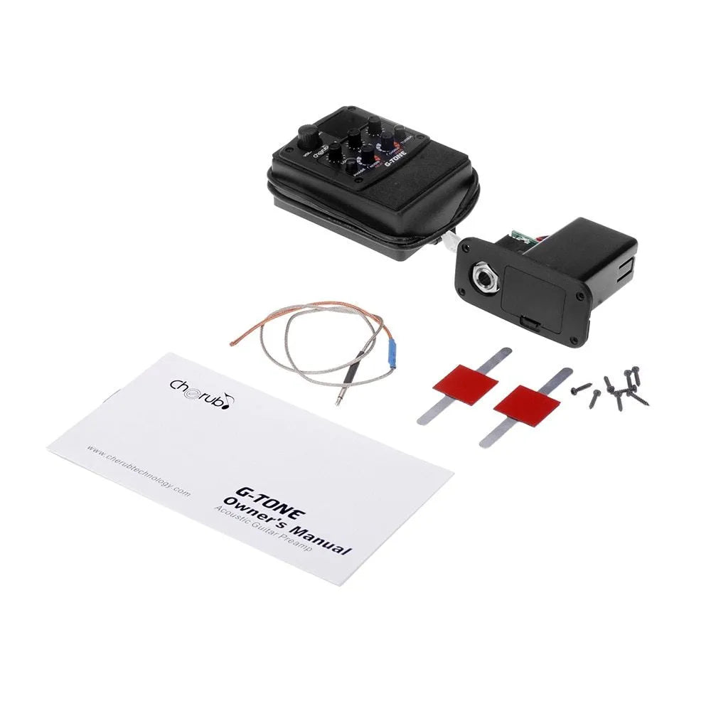 Black Cherub GT-6 acoustic guitar EQ equalizer and piezo pickup with control knobs for effects and tone.