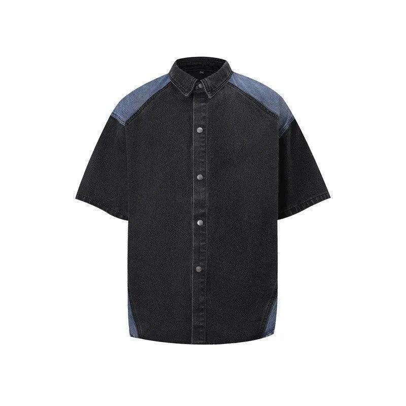 Retro washed denim suit set comprising a short-sleeve jacket and full-length trousers in blue.