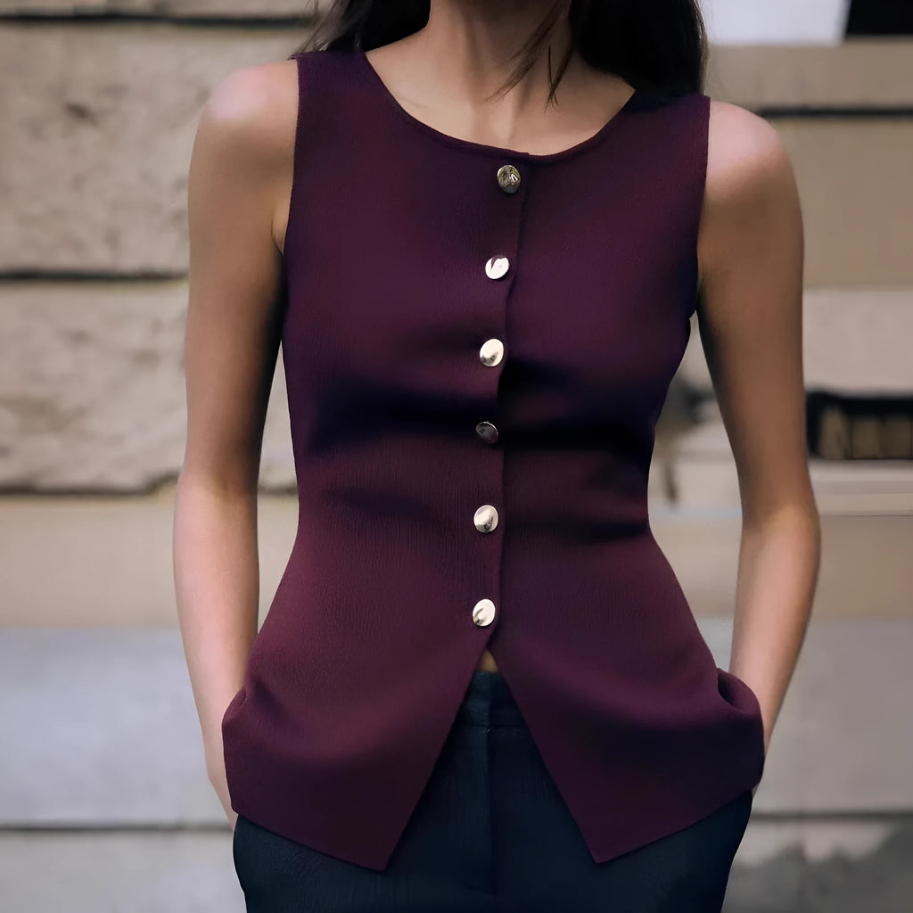 Slim fit dark red viscose sleeveless cardigan vest with gold buttons on a mannequin.