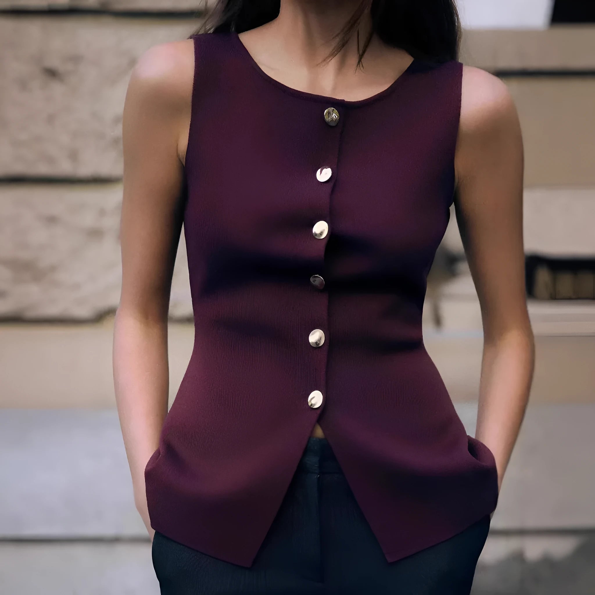 Slim fit dark red viscose sleeveless cardigan vest with gold buttons on a mannequin.