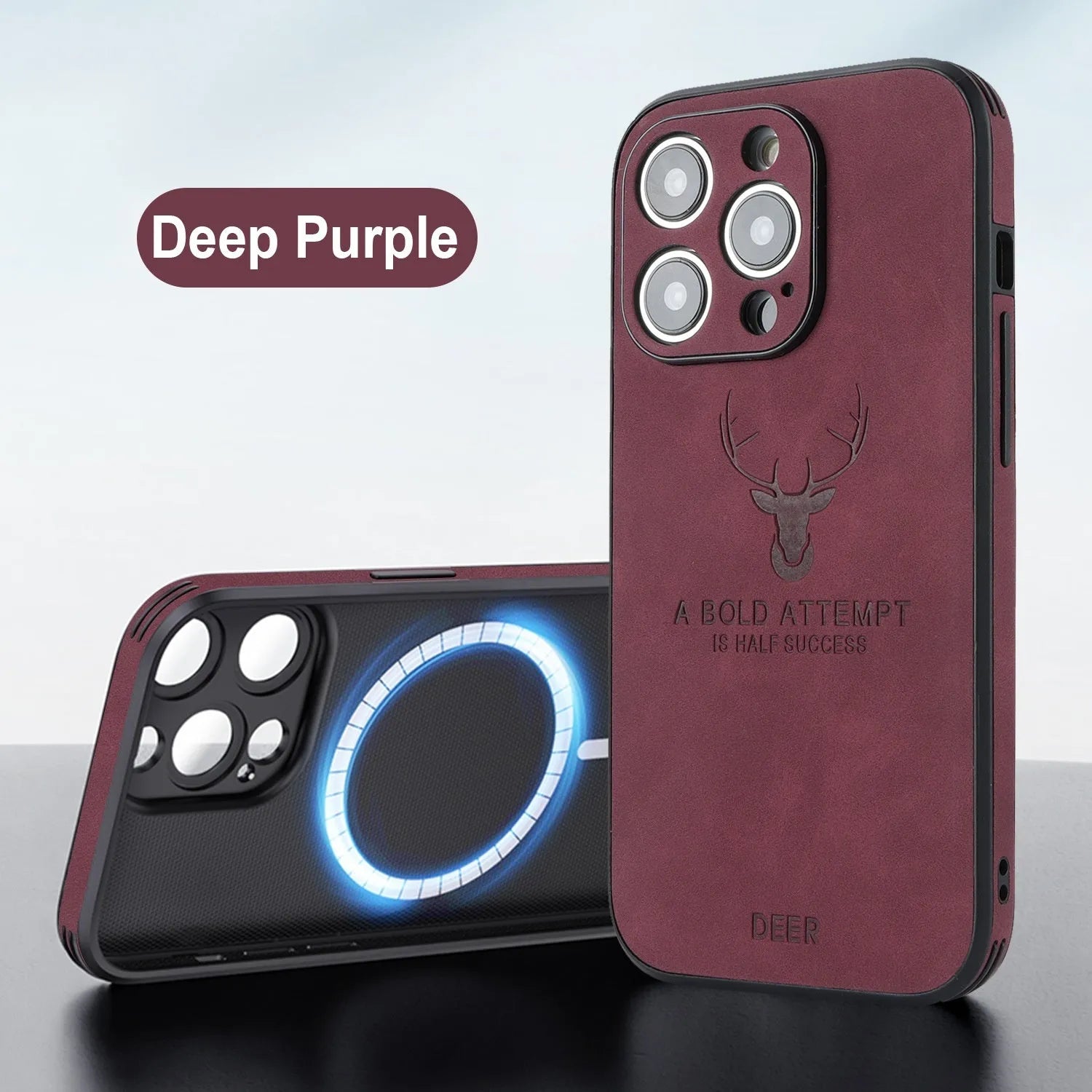 Magnetic charging moose head imitatin leather phone case for iPhone 16, black colour, embossed design