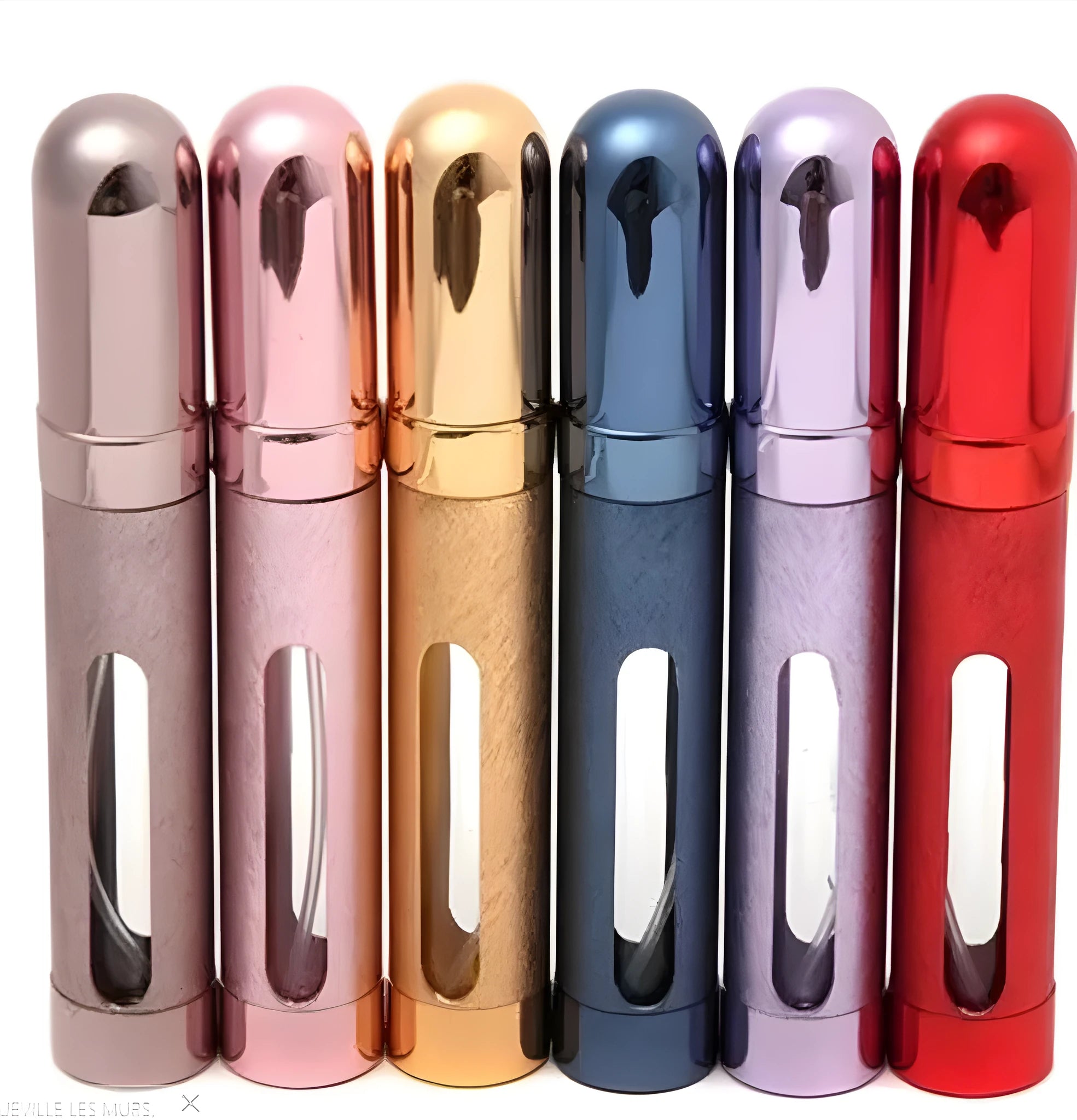 12ml aluminium portable perfume bottle atomiser in six colour options shown next to a ruler for scale.