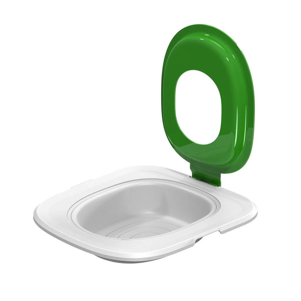 Fifth generation cat toilet trainer with removable litter mat in blue, grey, or green colours.