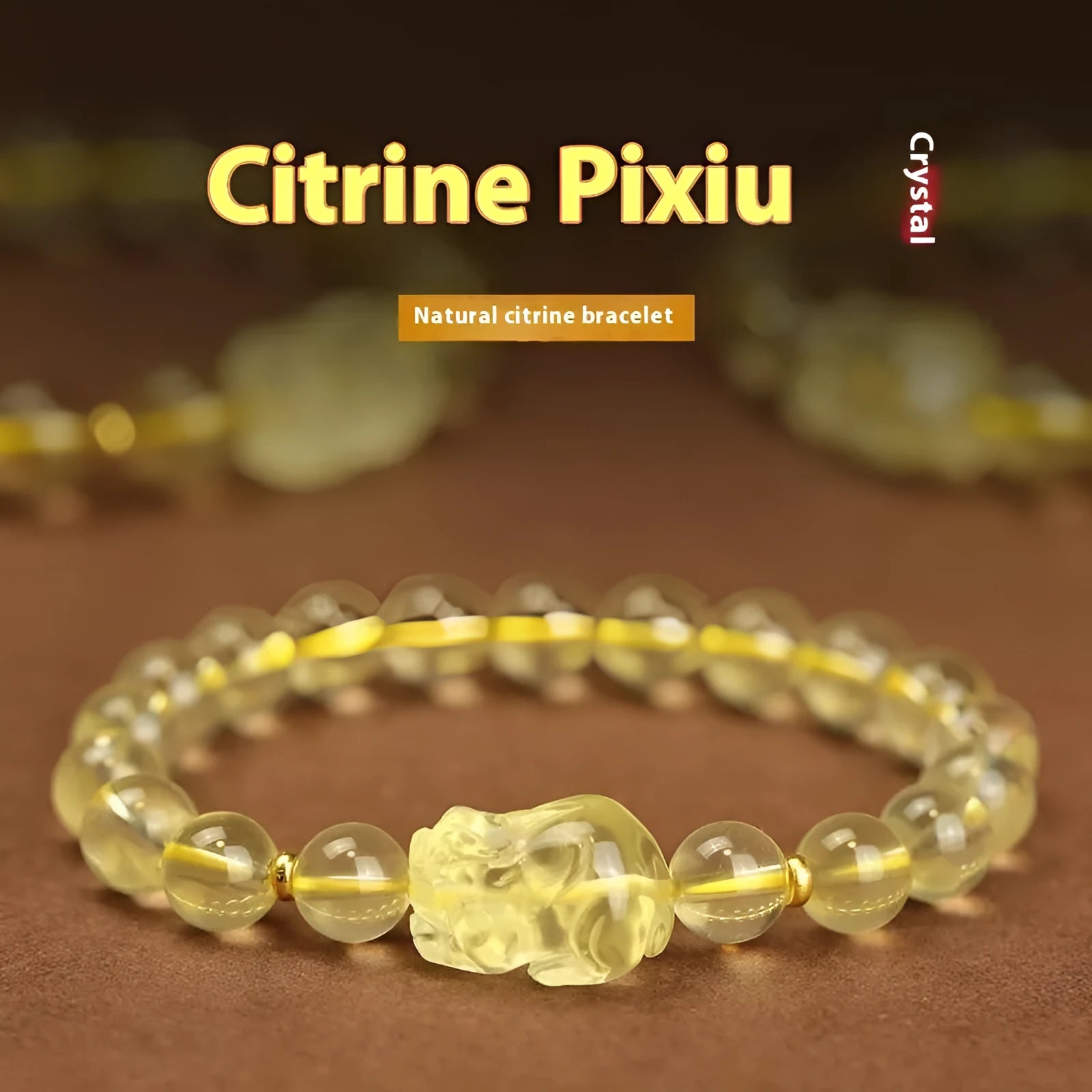 Yellow Pi Xiu bracelet with artificial crystal on leather strap in Chinese folk style design