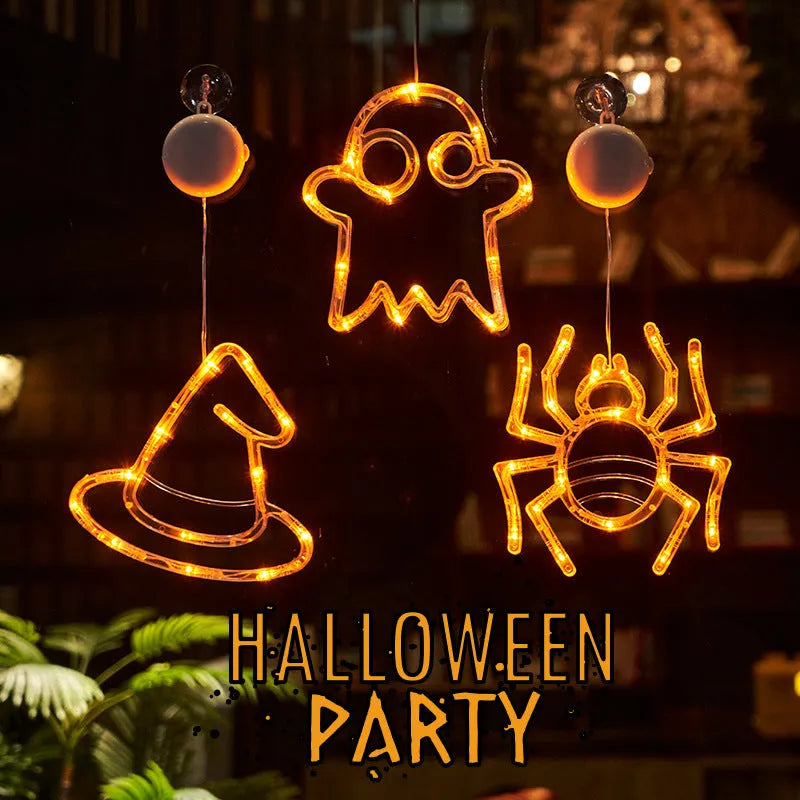 Set of seven Halloween LED hanging lights with spider, pumpkin, and ghost designs for window decoration