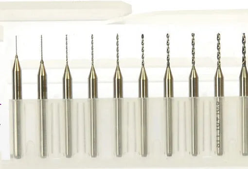 Close-up of imported tungsten carbide micro-engraving bits for precision circuit board and electronics work.