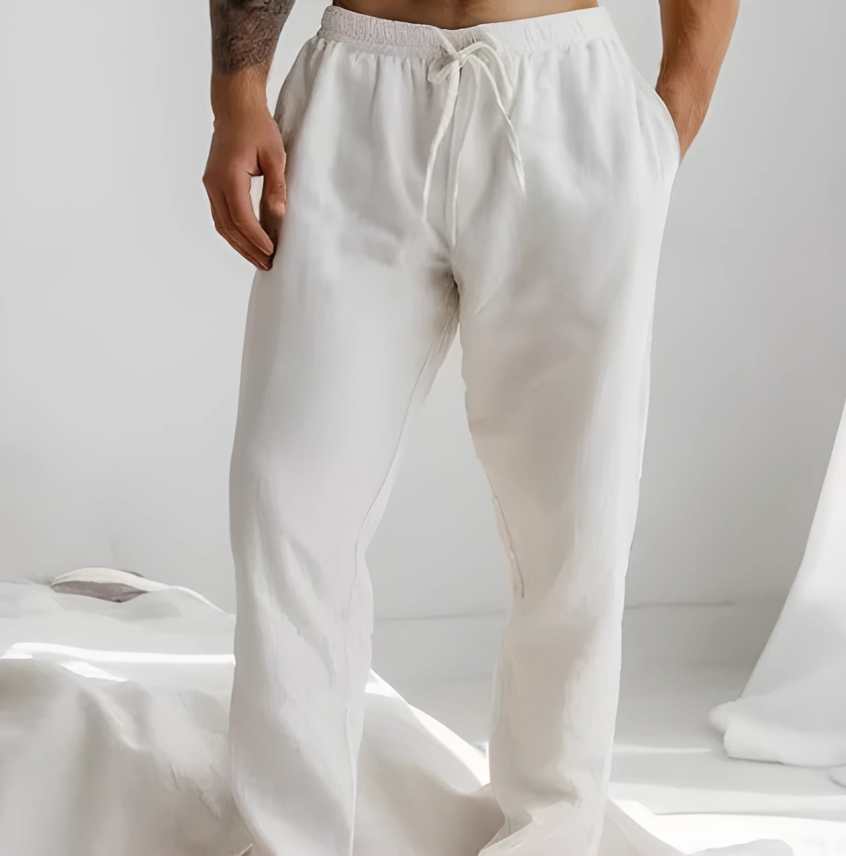 Men's cotton and linen elastic waist trousers in solid colour, loose straight leg summer pants