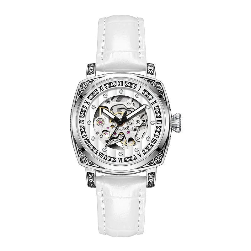 Mechanical wristwatch with luminous hands on a leather strap, shown in multiple colour variants.