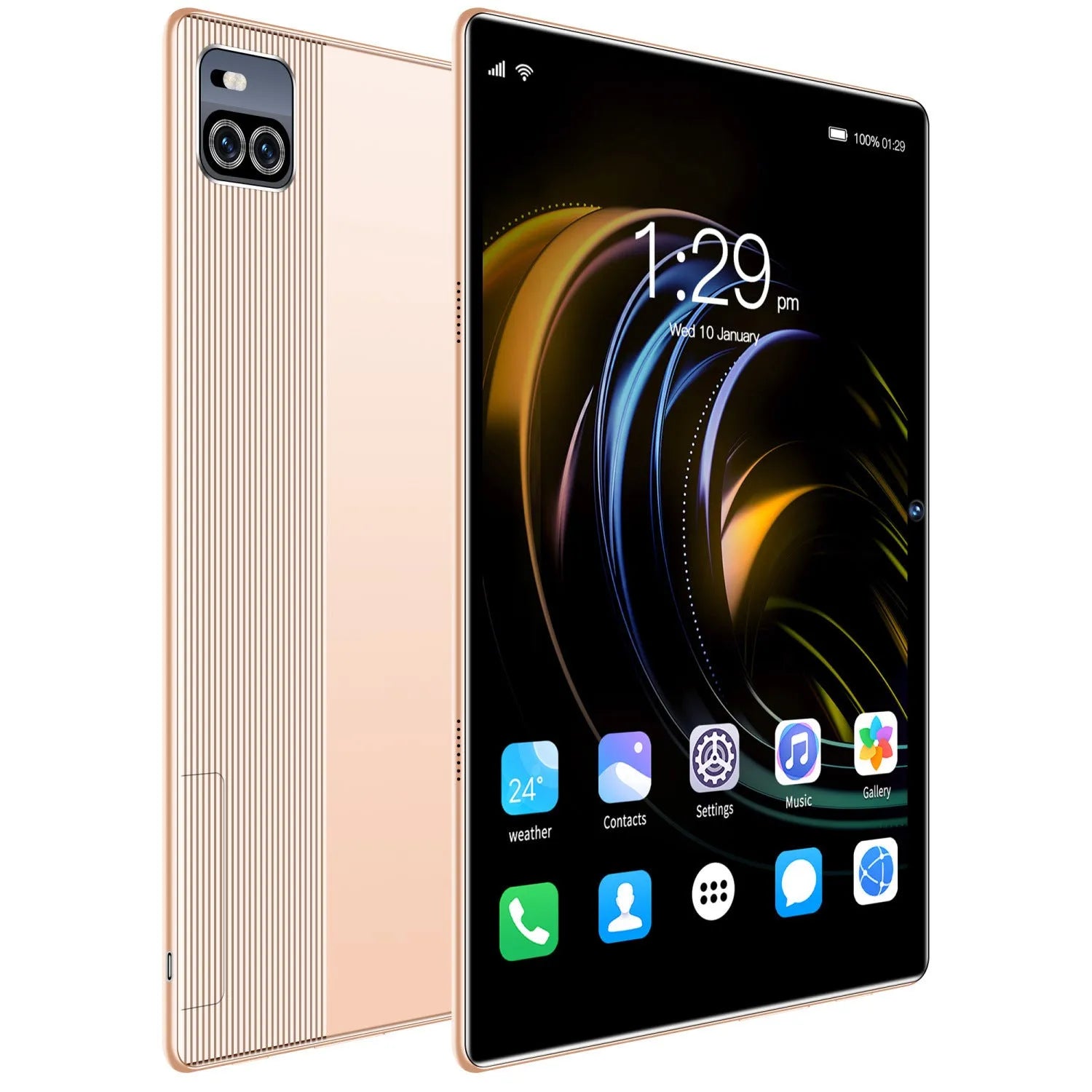 10.1 inch Voice Call HD Smart Game Tablet in gold with blue and gray colour options showing screen and front view