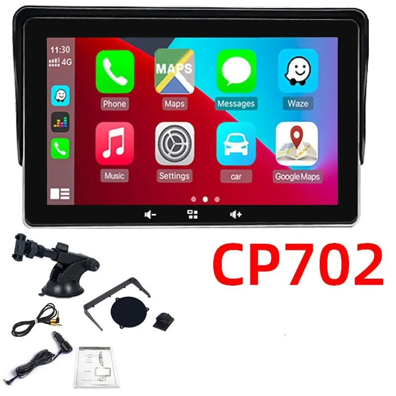 7-inch car wireless CarPlay display with suction cup mount and cigarette lighter power interface