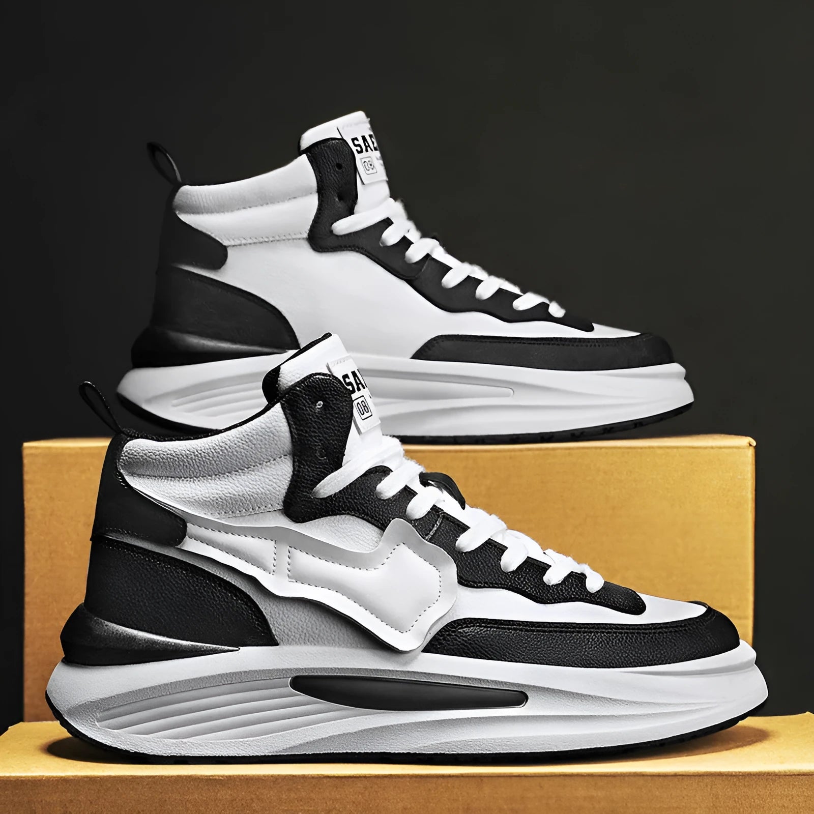 Men's black and white high-top platform casual shoes with a round toe and PU leather upper.