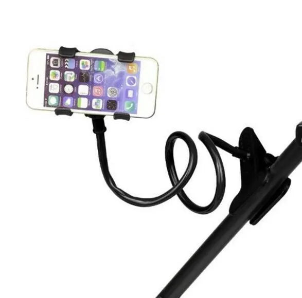Black portable phone holder with 70cm flexible arm and V-design clip for universal smartphones