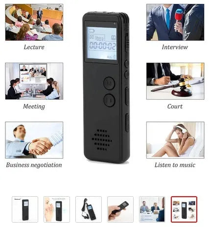 Black digital voice recorder with screen, microphone, and control buttons.