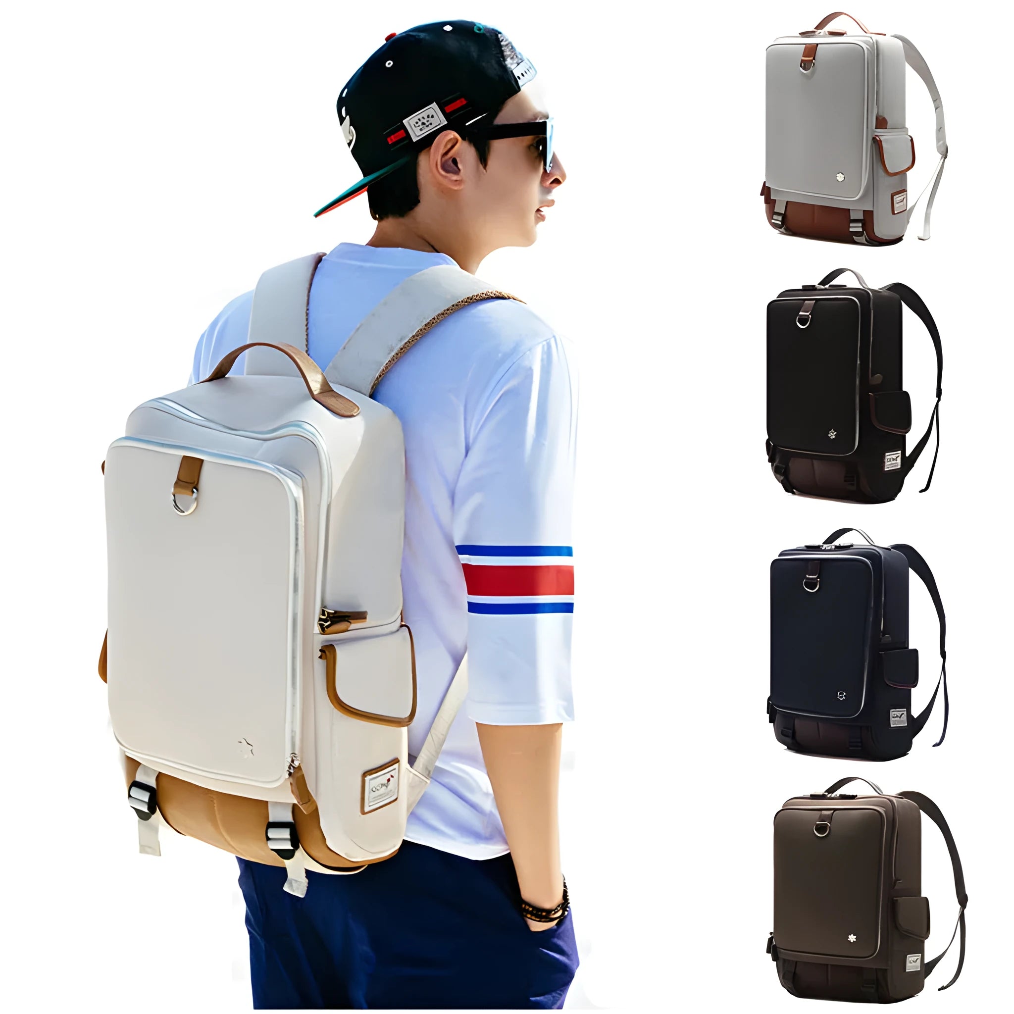 Modern men's Oxford cloth backpack in seven colour options showing 30x16x46cm dimensions