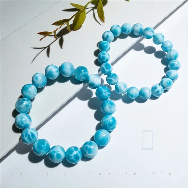 Blue natural crystal sea-pattern stone bodhi bracelet with pearl elements in Maillard style unisex design