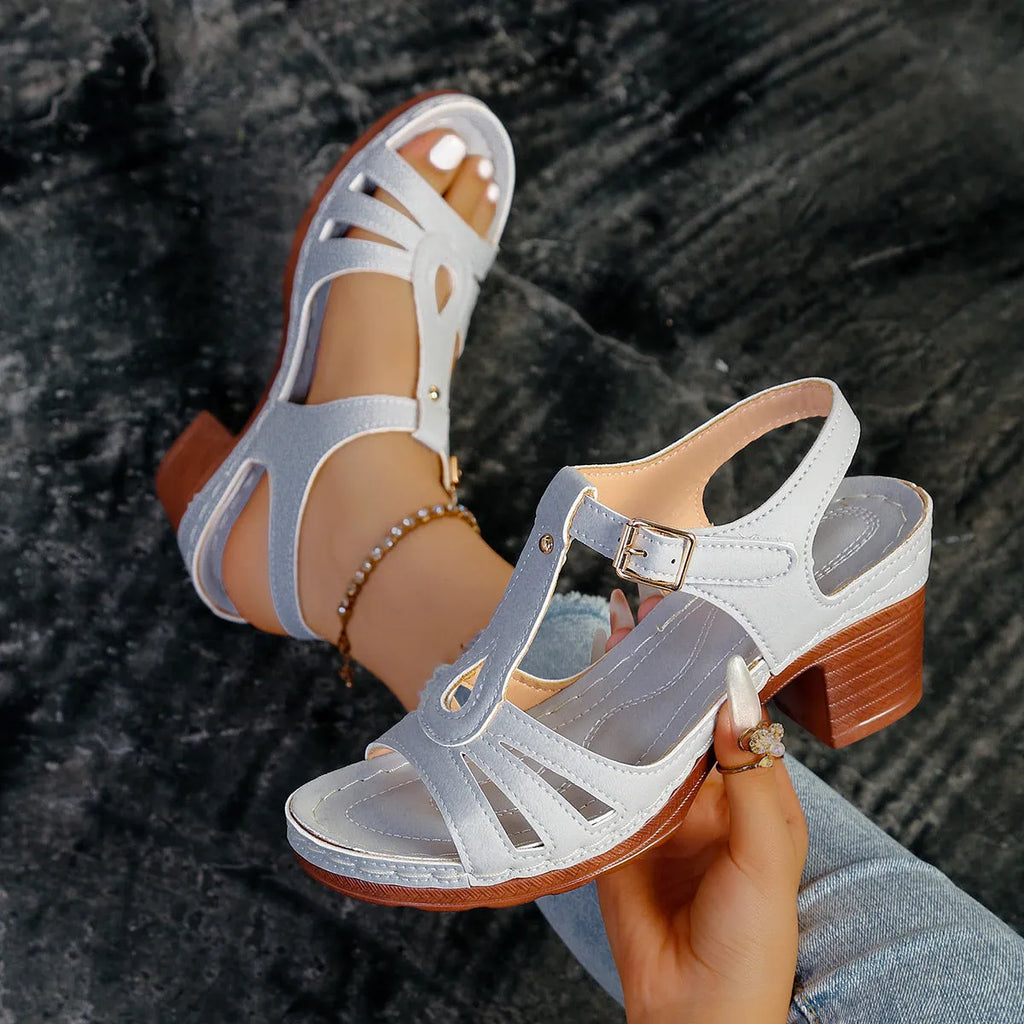 Women's peep toe wedge platform sandals with PU upper and buckle fastening in beige colour option