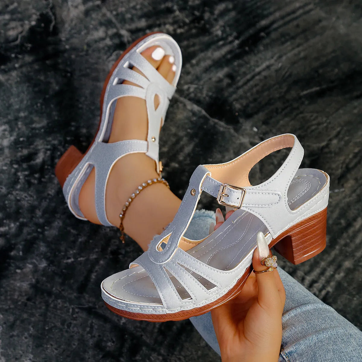 Women's peep toe wedge platform sandals with PU upper and buckle fastening in beige colour option