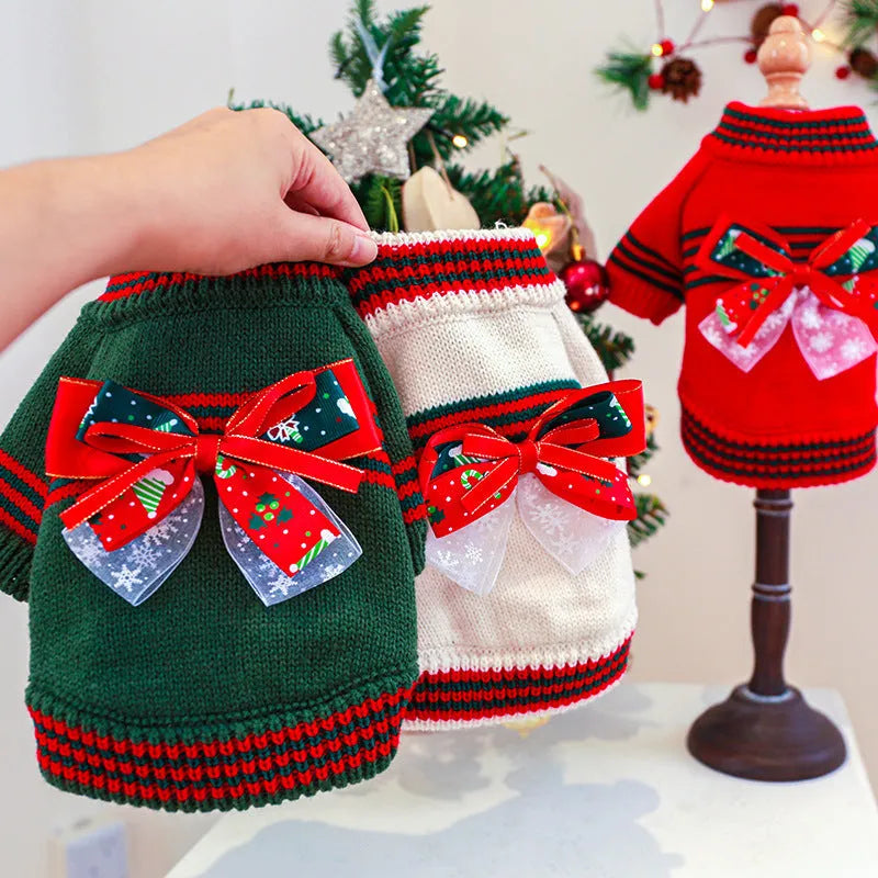 Dog wearing red Christmas jumper with festive holiday motifs, polyester pet sweater for seasonal wear