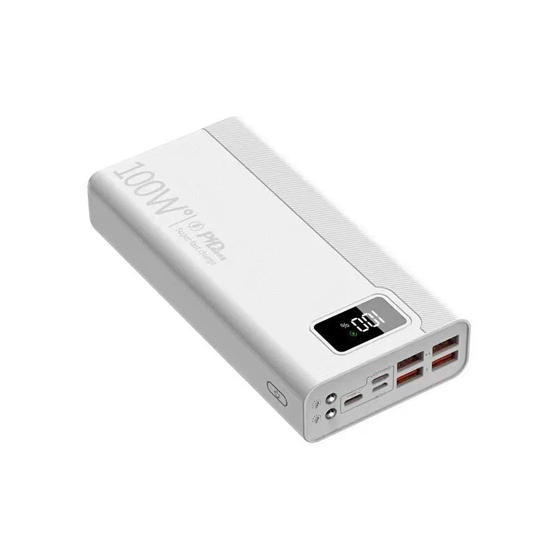 Black and white large capacity fast charging power bank with dimensions 150x76mm