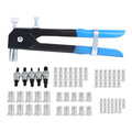 Alloy steel manual riveter nut set showing tool with assortment of nuts