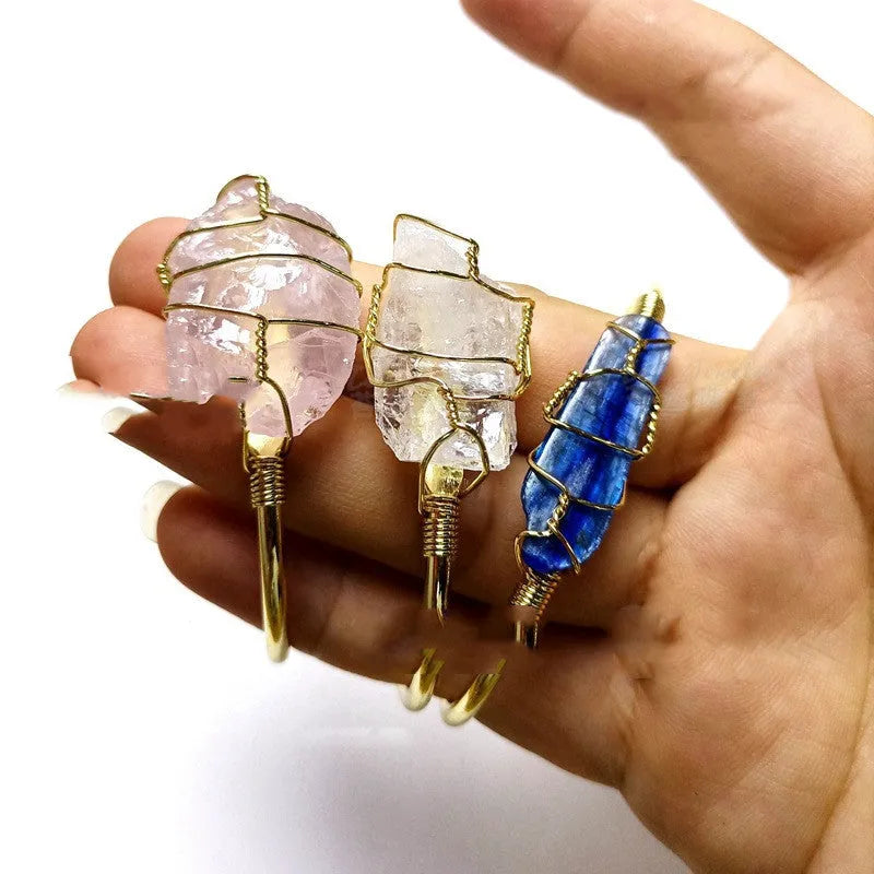 Natural crystal rough stone bracelet with gold winding wire in geometric bohemian design