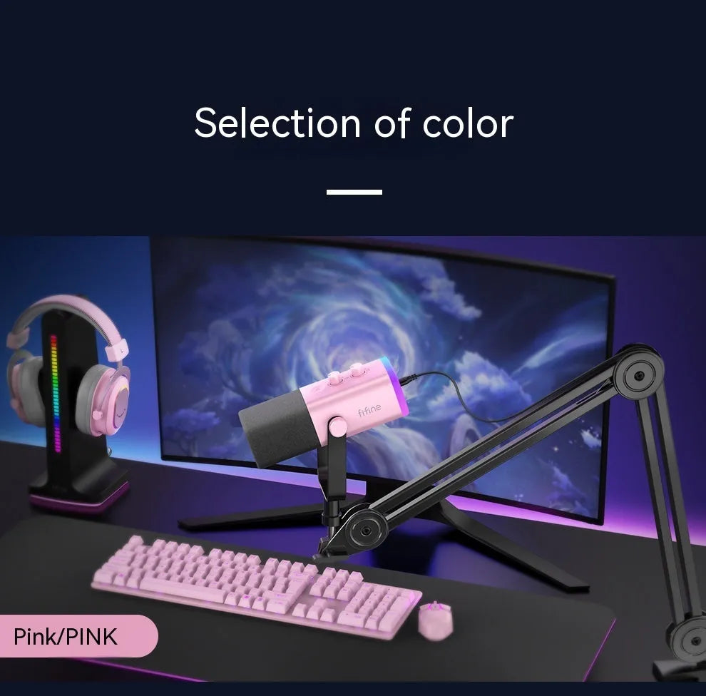 Dynamic noise reduction microphone in black with XLR cable and desktop base.